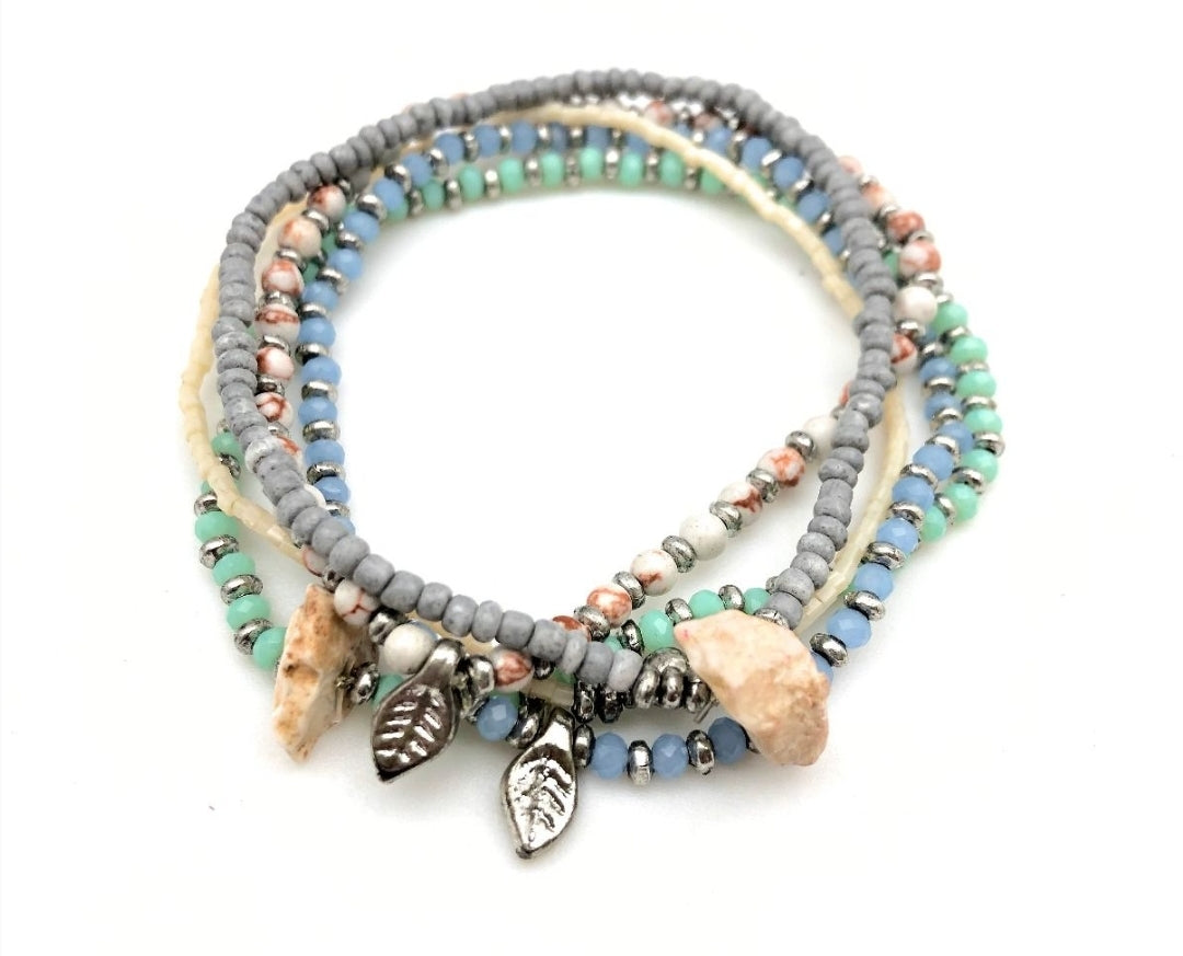 Sachi  set of five stretch bracelets with stone, leaf charms, and beads