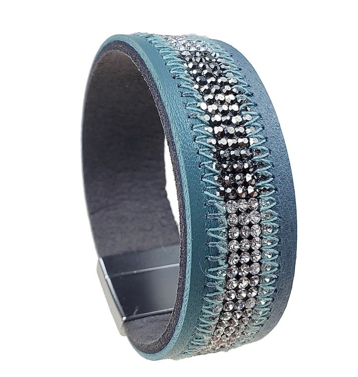 Brenda-Blue leather bracelet with clear and black diamond crystals