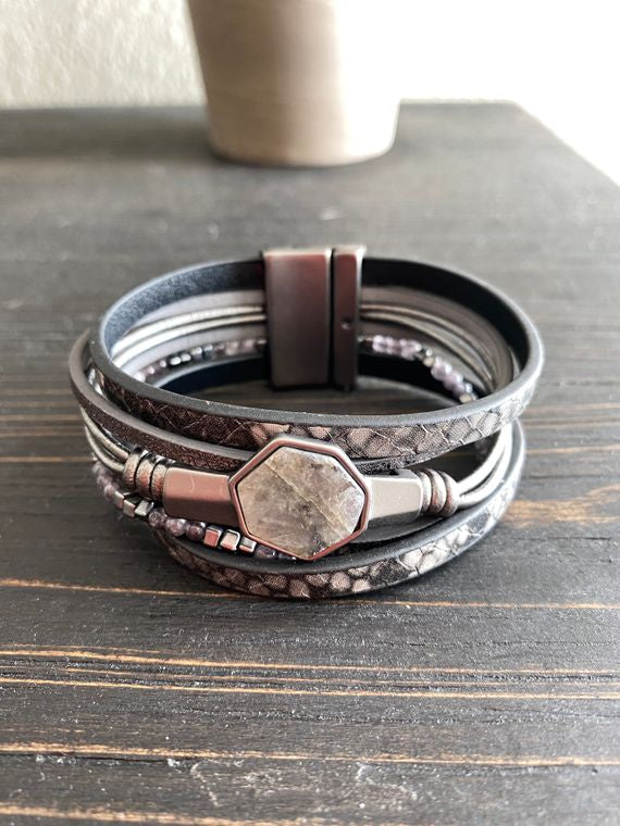 Sassy-Silver leather with labradorite gemstone bracelet
